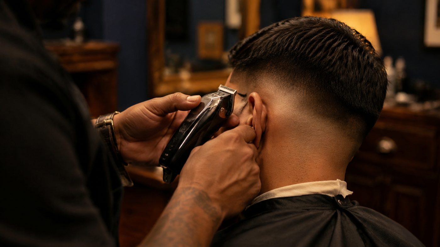 Barber blending a skin fade with clippers