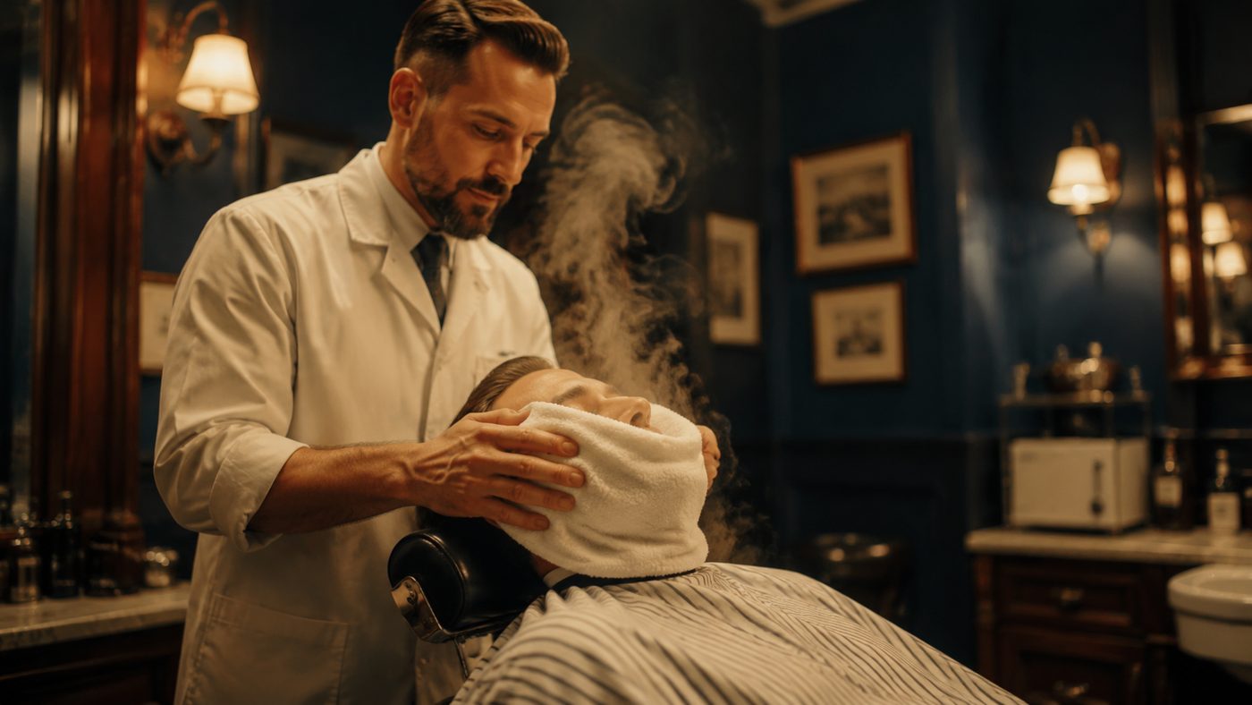 Barbero colocando una toalla caliente a un cliente recostado