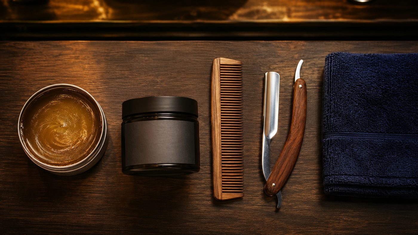 Mostrador de barbería con pomada, arcilla, peine y navaja