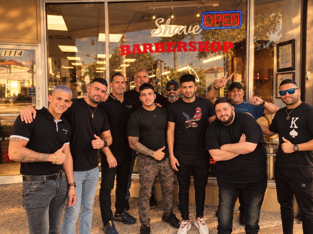 The Shave Barbershop crew in front of the shop on Normandy Drive, Miami Beach